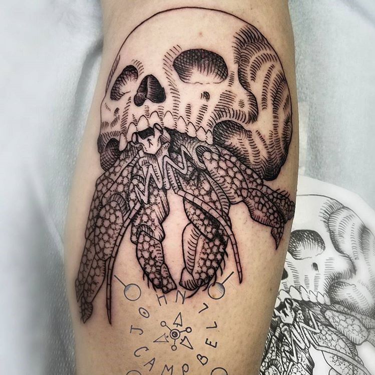 Black and Grey Tattoo of Skull Hermit Crab done by Tattoo Artist John Campbell in Durham, North Carolina for Sacred Mandala Studio - the Custom Tattoo Shop and Art Gallery for the Triangle - Raleigh, Durham, Chapel Hill , NC